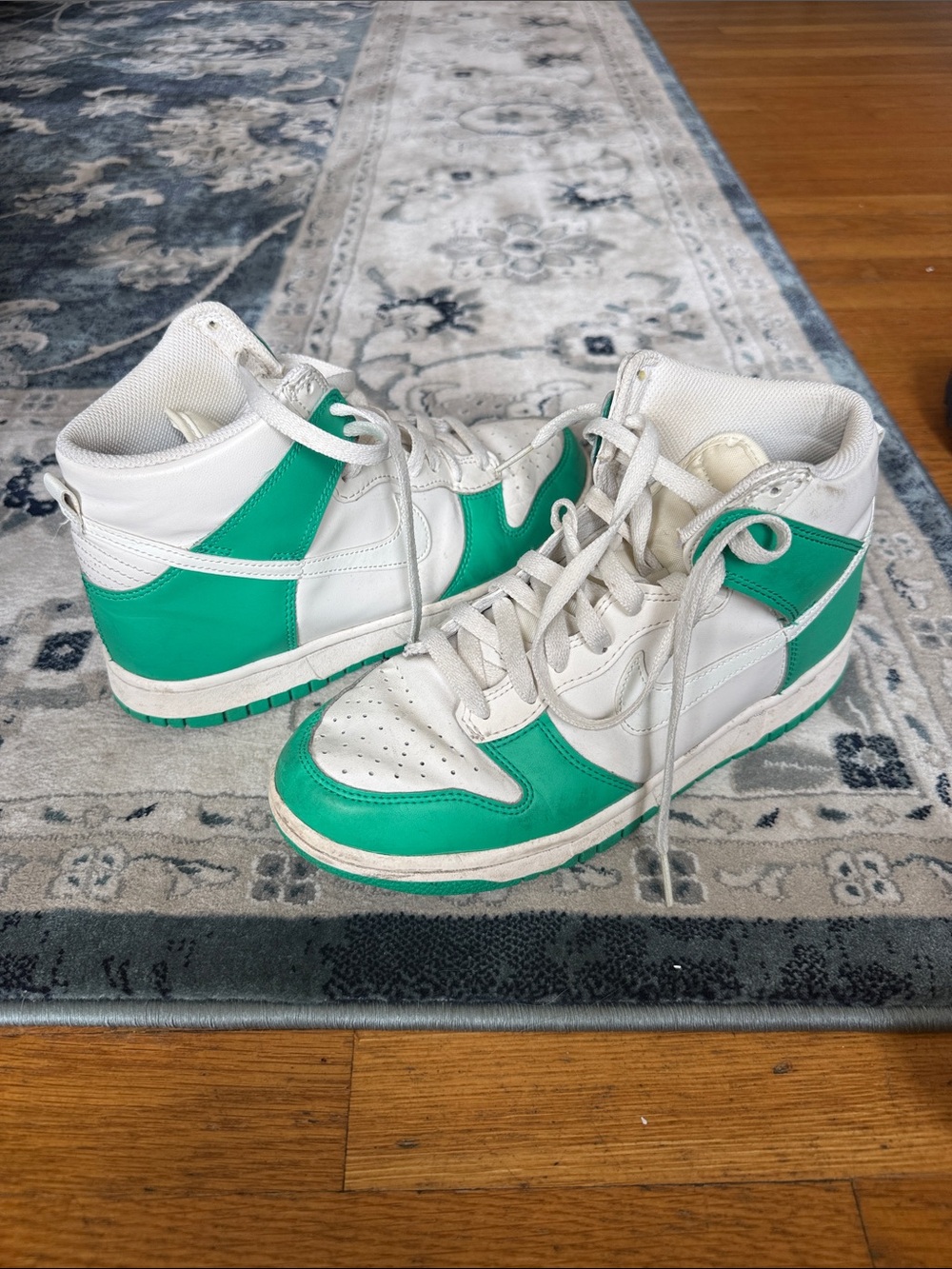 White and Green High-Top Nike Dunks
